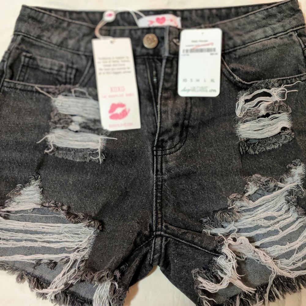 High rise black distressed jean shorts